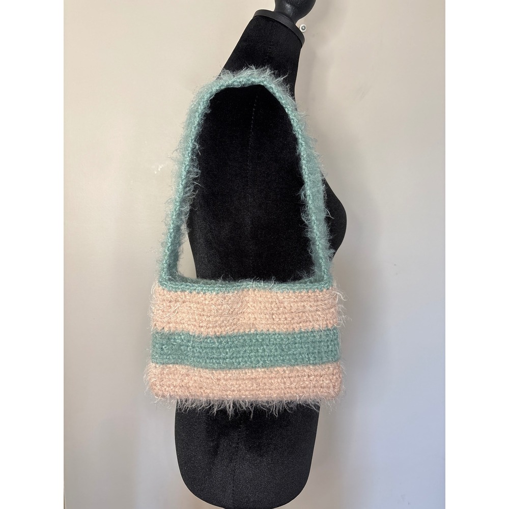 Handmade Crochet Fuzzy Shoulder Bag Eyelash Yarn Purse Lined Y2K Aqua Pink